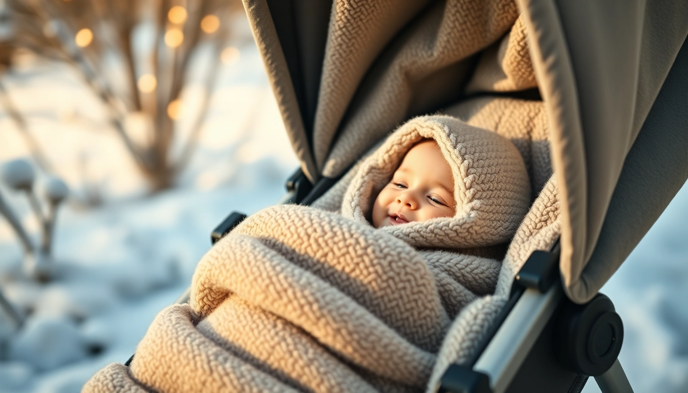 Paras lämpöpussi in use with a baby in a stylish stroller on snowy day, highlighting warmth and comfort for outdoor adventures.