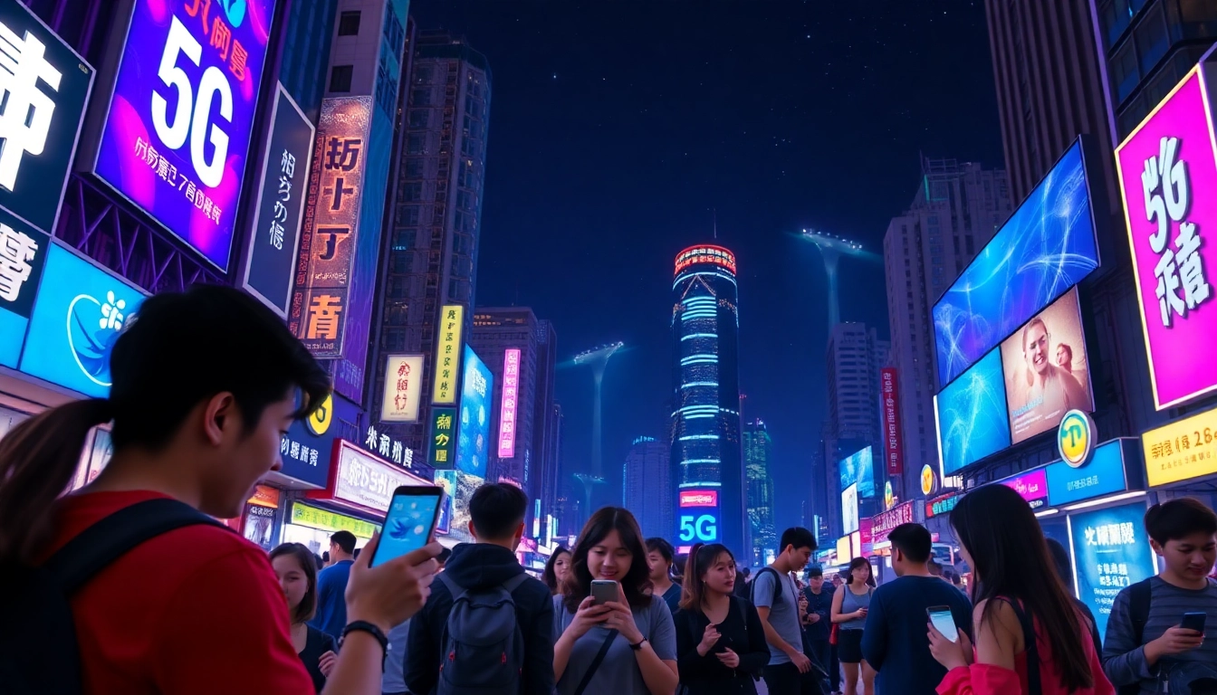 繁忙的香港街道夜景，展示5G移動網絡主題，年輕人使用智能手機，背景有高樓大廈及5G天線。