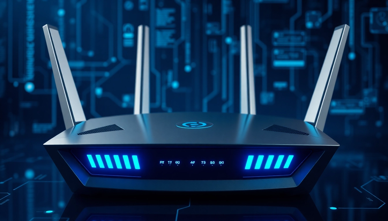 AX88 WiFi router with modern design, glowing lights, and high-speed wireless signals demonstrating advanced connectivity.