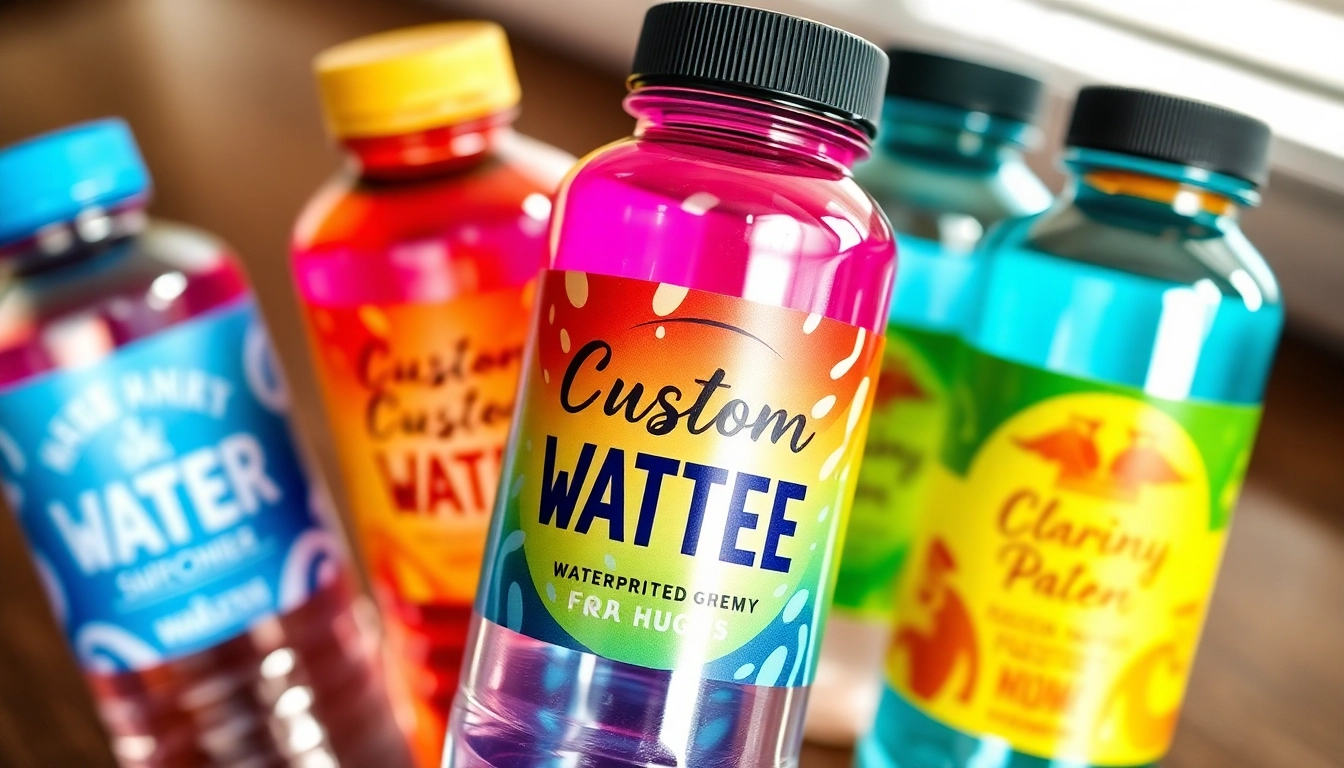 Showcase of eye-catching custom water bottle labels with waterproof finish and diverse designs, emphasizing quality and personalization.