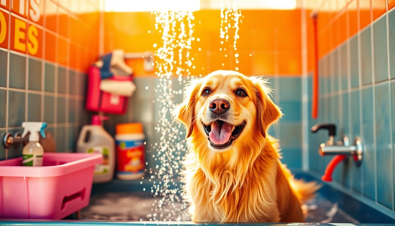 Wash your dog near me at a vibrant pet wash station with fun tools and happy pups.