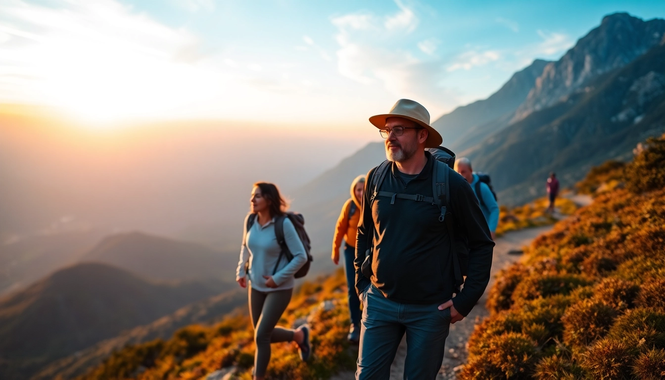 Guided trek through lush mountains with expert guide leading a group on an adventurous trail, inspiring travel experience.