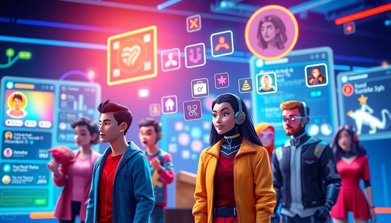 Futuristic digital social media scene with avatars and AI characters engaging in virtual interactions