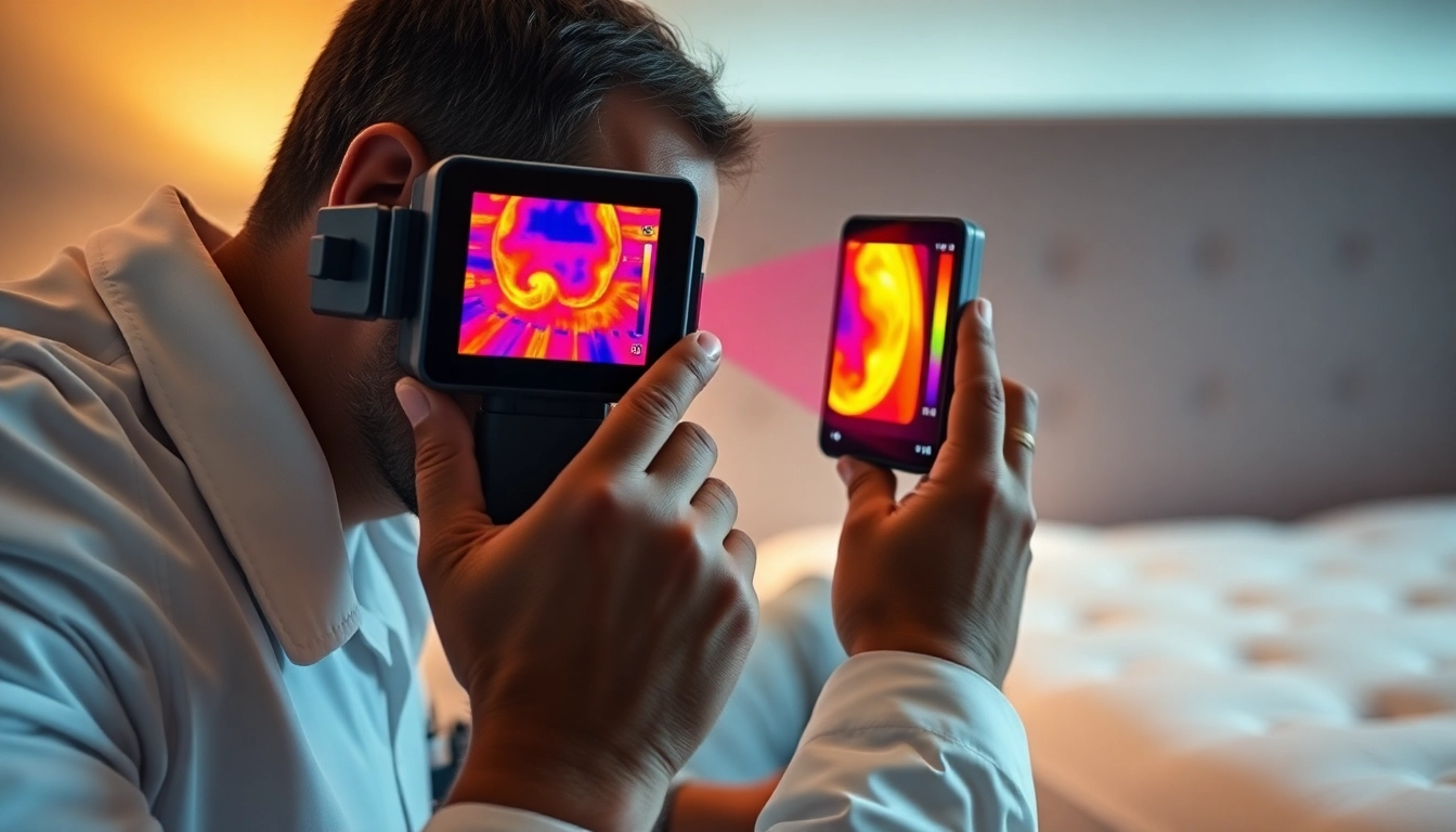 Technician performs bedwantsen bestrijden detection using thermal imaging on a mattress, highlighting precision measurement.