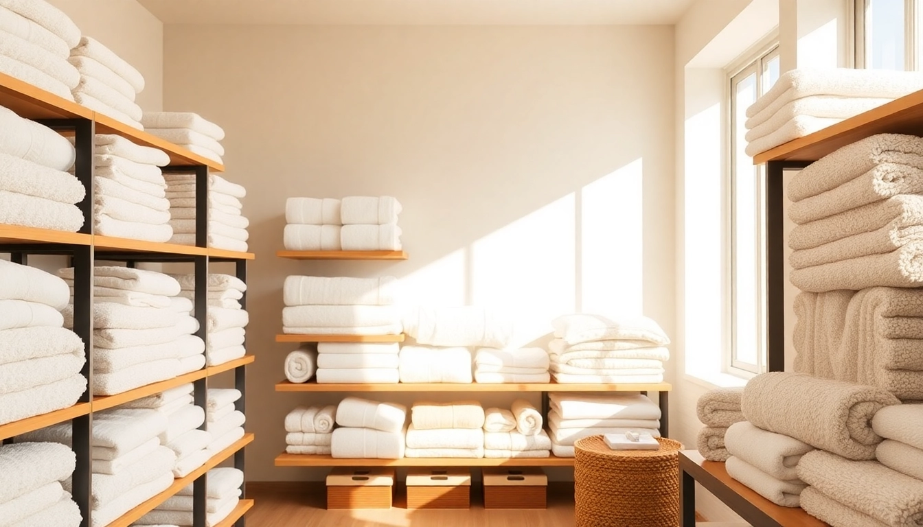 A professional combed Terry towels supplier displays soft, high-quality towels in a well-lit showroom, emphasizing durability and plushness for commercial buyers.