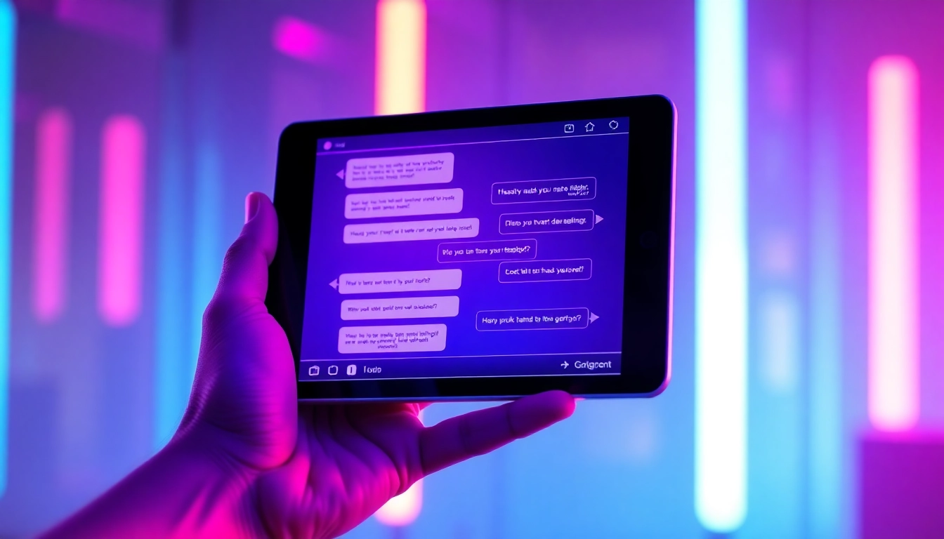 Close-up of a tablet displaying a provocative chatbot conversation with neon accents and modern design.