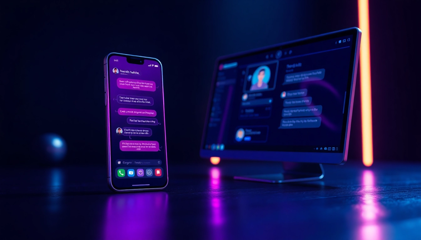 A futuristic digital illustration of AI chat interfaces on devices with vibrant neon colors and sleek design, evoking intimacy and advanced technology.