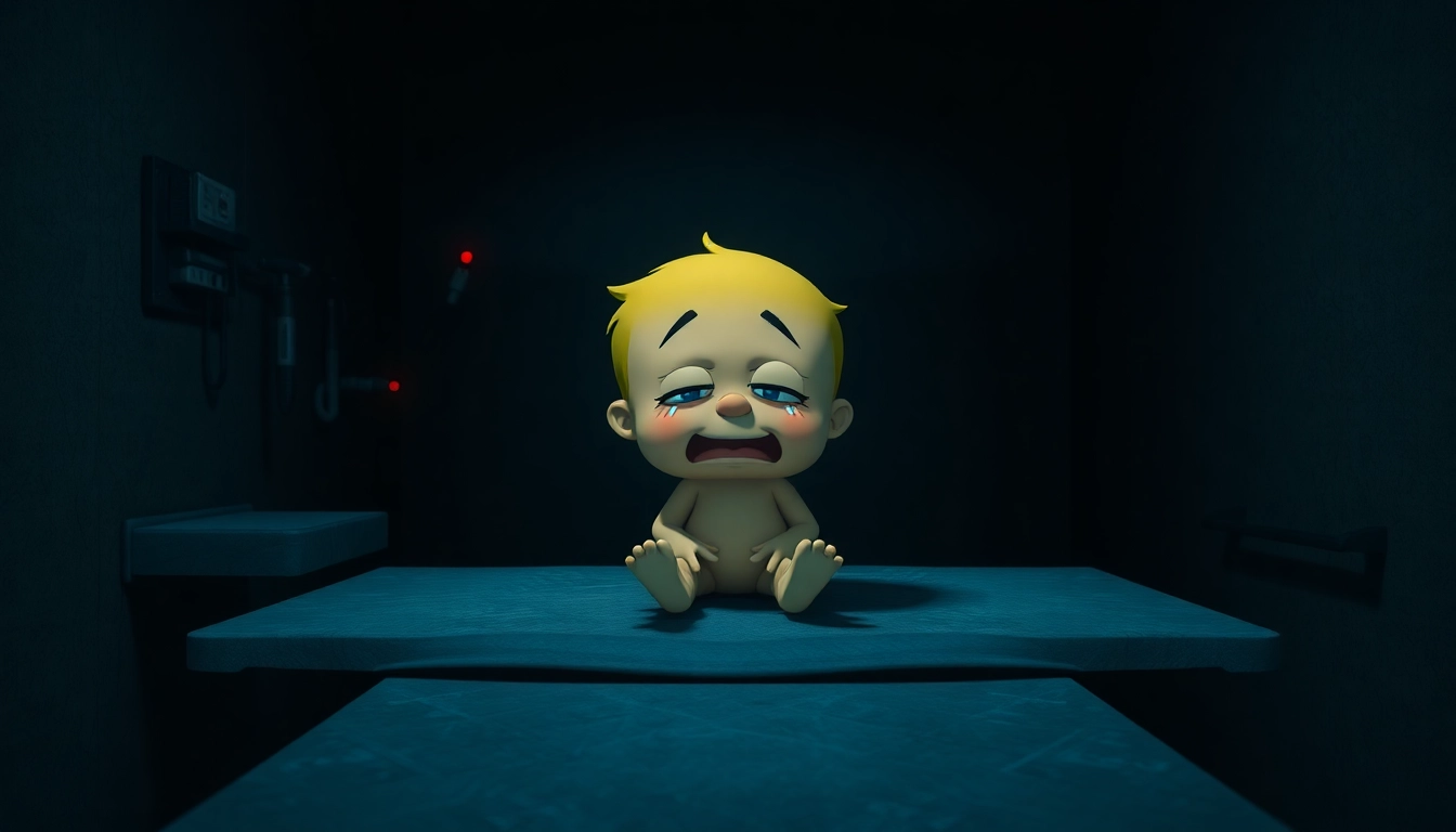 A disturbing scene of Harvey, a cheerful character, sitting on a medical table in a dark, grimy room, showing fear and suffering as shadows and sinister tools loom around.
