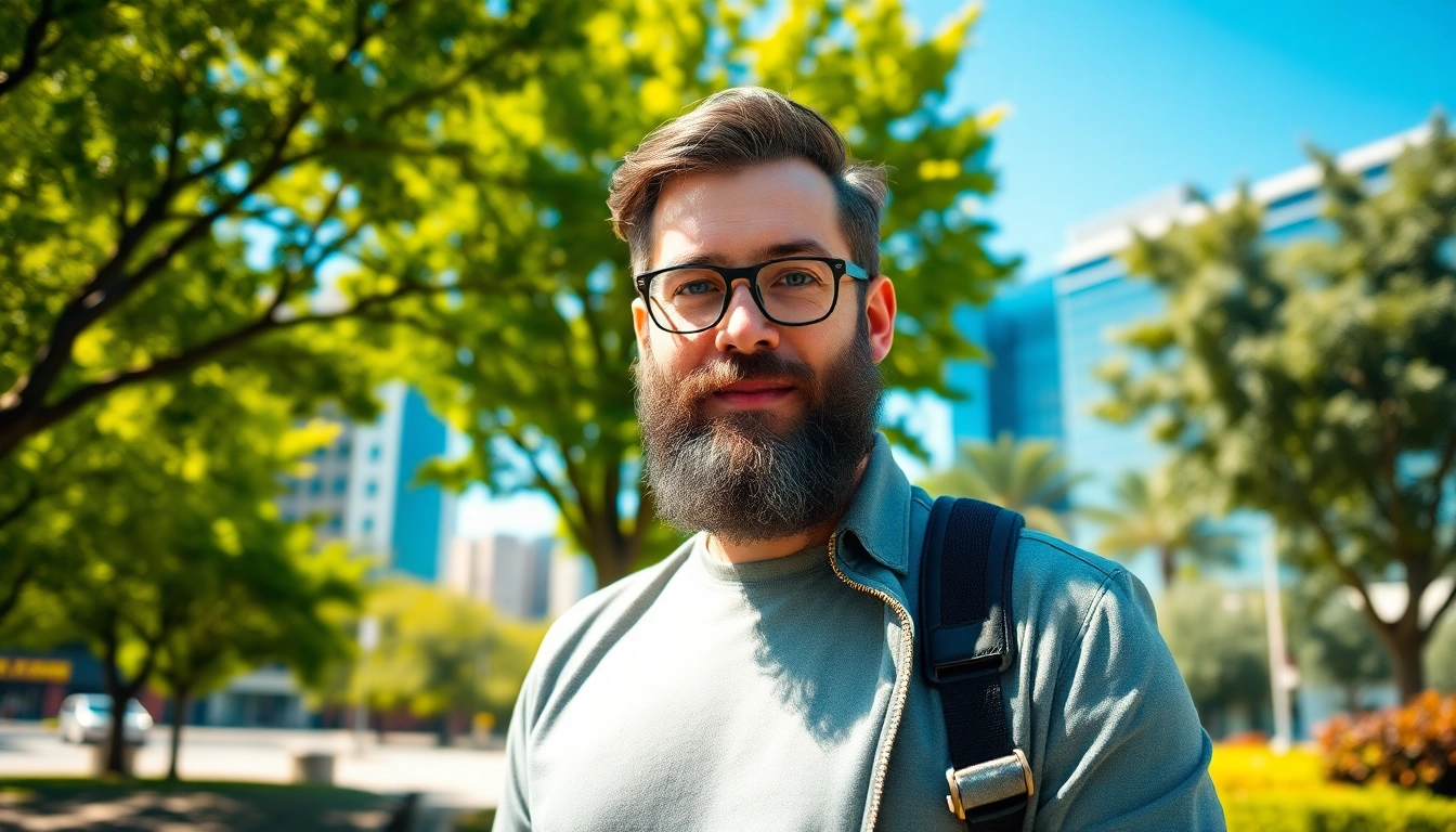 A confident man in his 40s with a beard standing in a sunny urban park with city skyline in background.