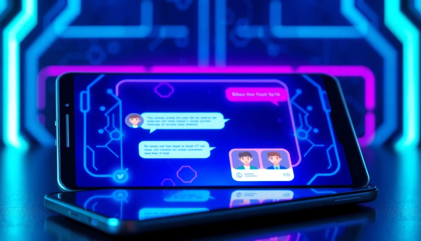 An abstract digital illustration of an AI chatbot interface with neon accents on a sleek device screen, symbolizing modern AI conversation technology.