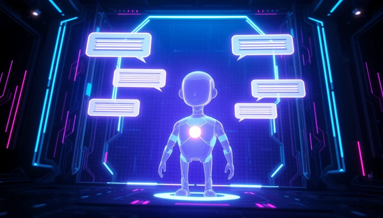 Futuristic AI character interacting with holographic interface in a cyber environment