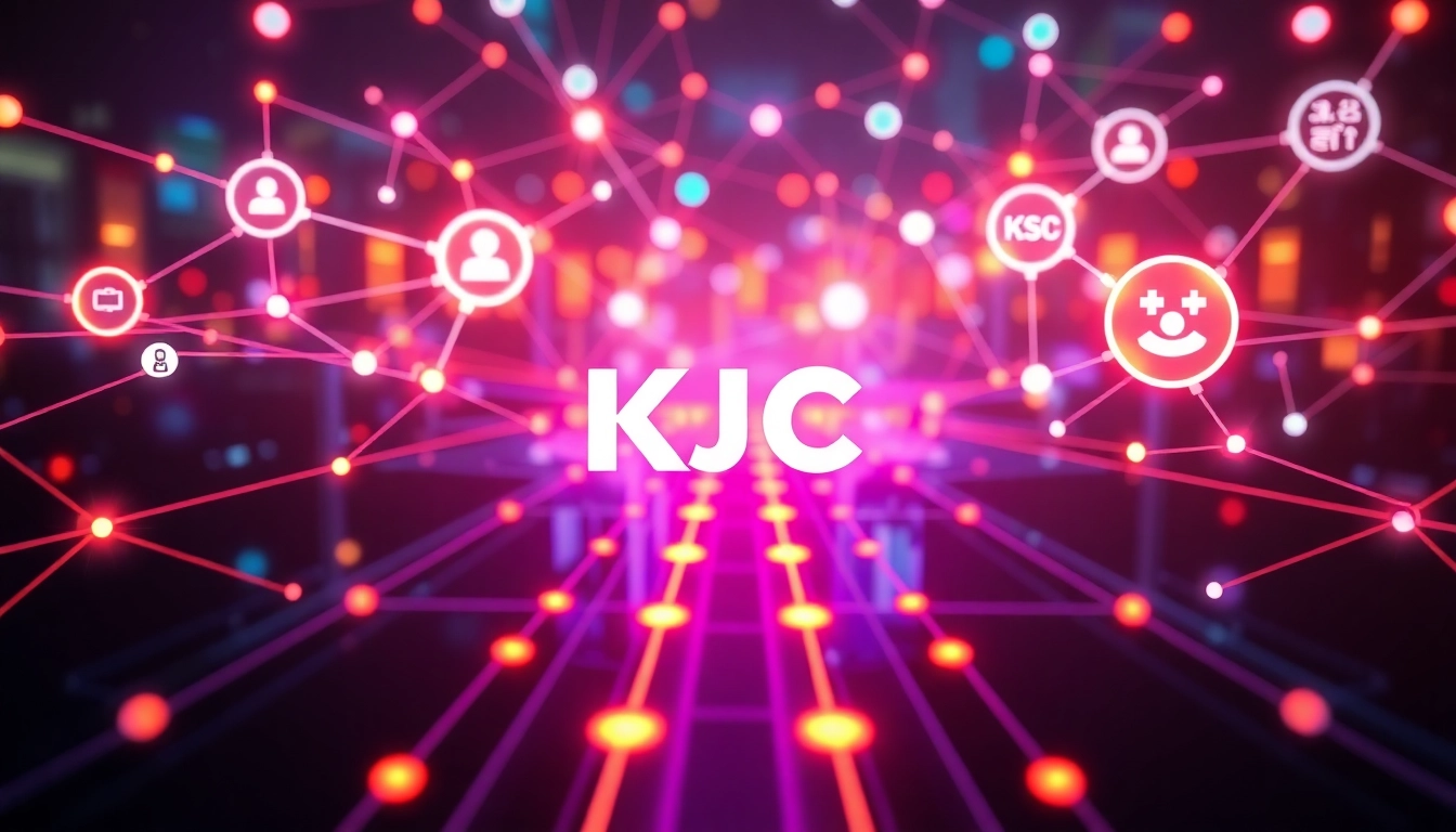 KJC logo with interconnected digital network symbolizes innovation and global connectivity in entertainment technology.