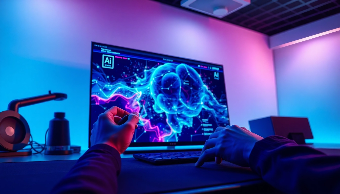 Futuristic workspace with a large screen displaying advanced AI image editing technology in action.