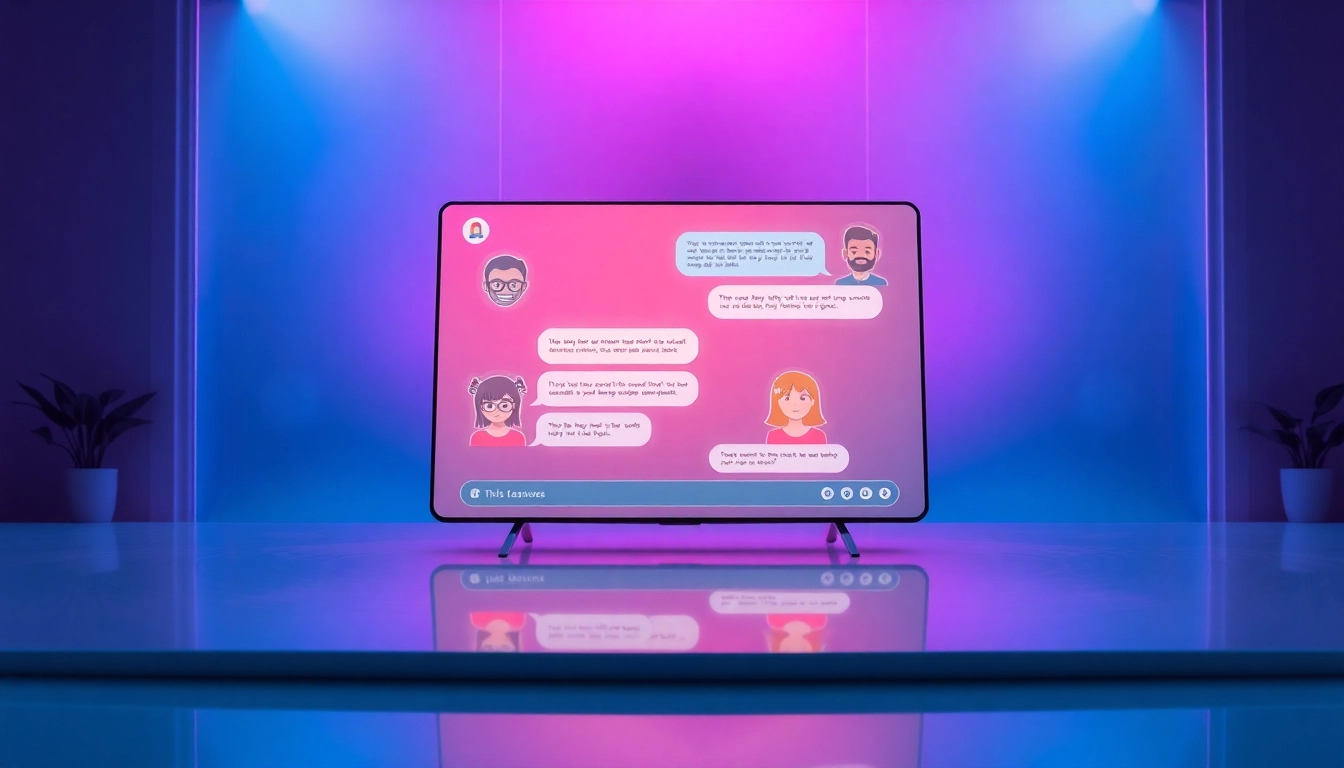 A digital chat interface with customizable AI avatars in a futuristic, neon-lit environment.
