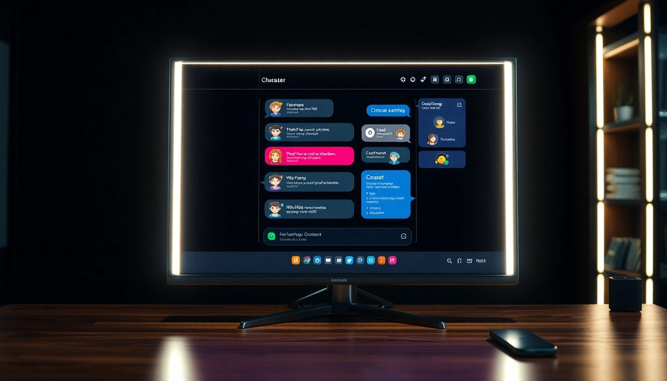 Modern digital chat interface showcasing AI characters and conversation bubbles in a sleek, tech environment.