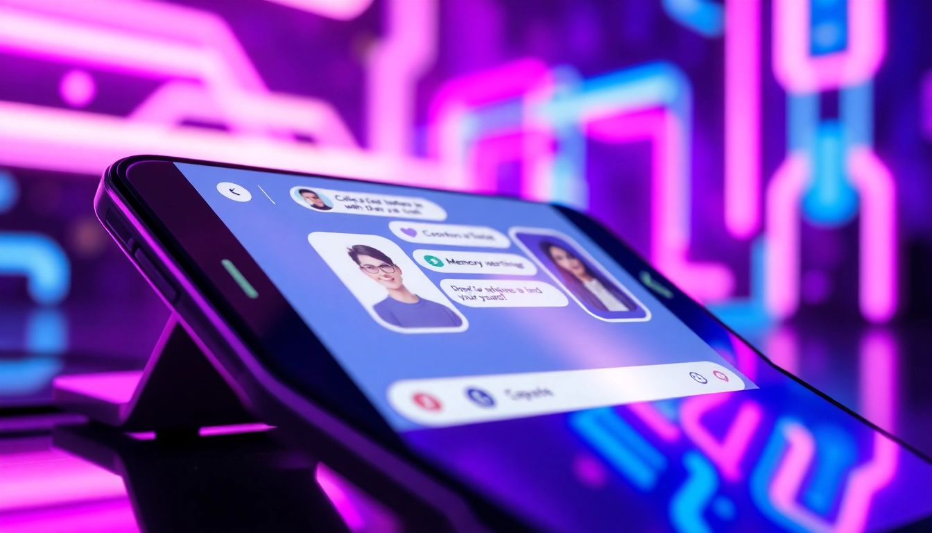 An illustration of a futuristic smartphone displaying a lively chat interface with AI characters, set in a neon-lit cyber environment.