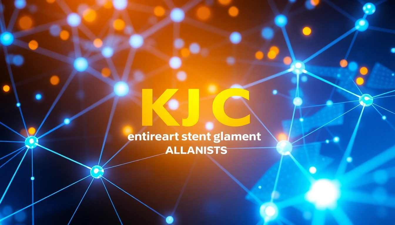 KJC branding in a dynamic online community scene, showcasing collaboration and cutting-edge technology, representing trust and innovation in digital entertainment.