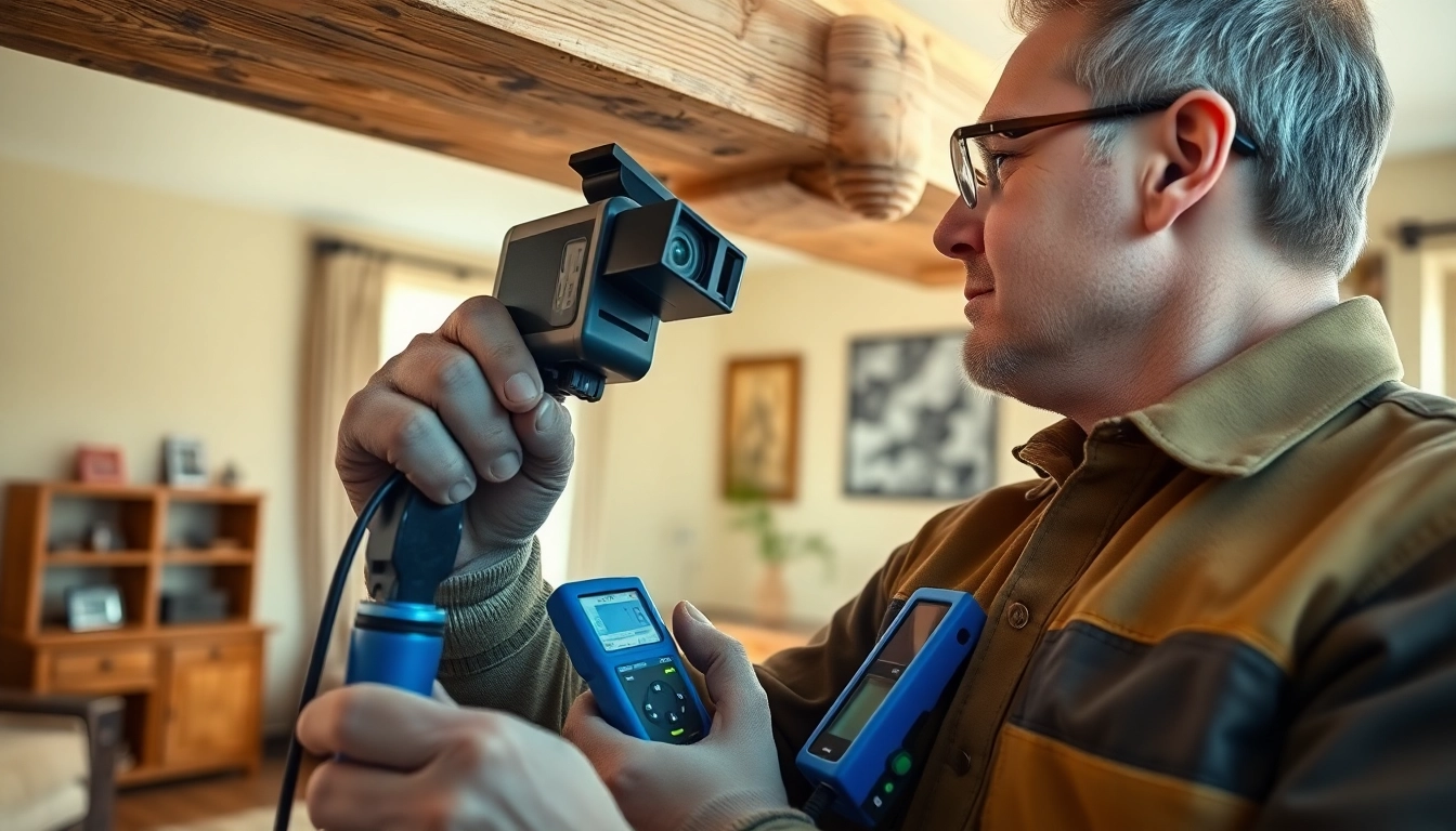 Technician inspecting a wooden beam with tools in a home interior, highlighting woodworm detection.