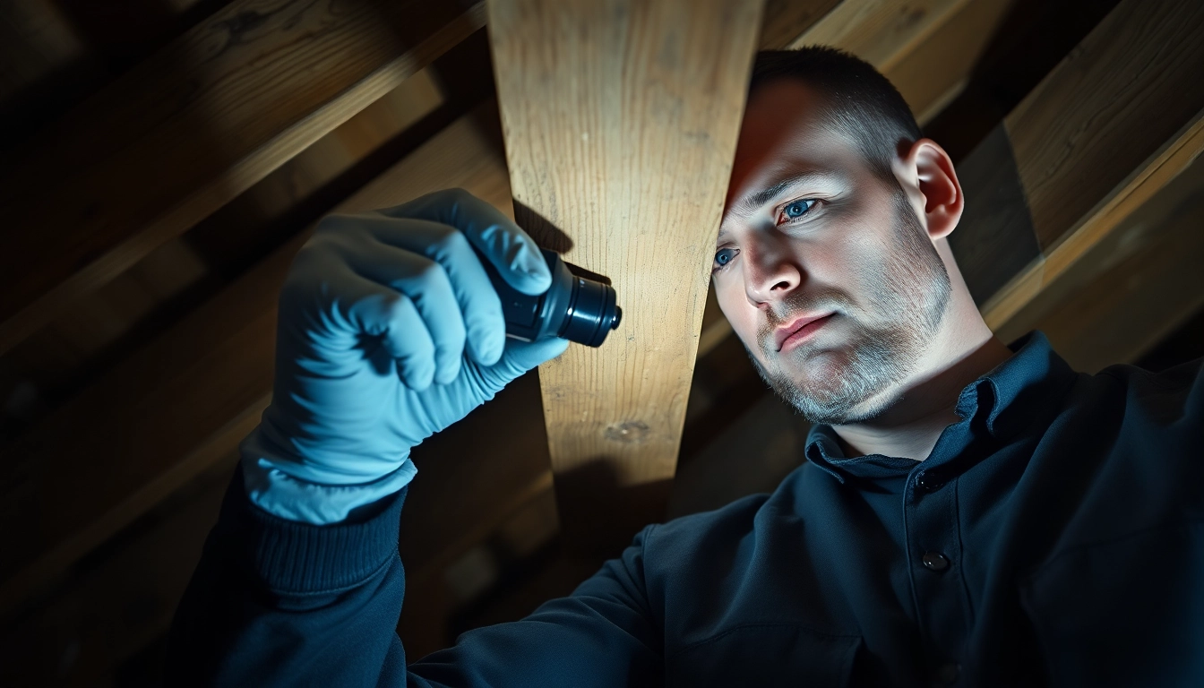 Technicus inspecteert houten balk op houtwormactiviteit in zolder