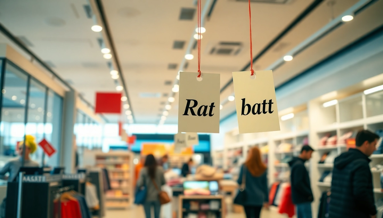 Bright retail store displays Rabatt discounts with prominent tags attracting customers and