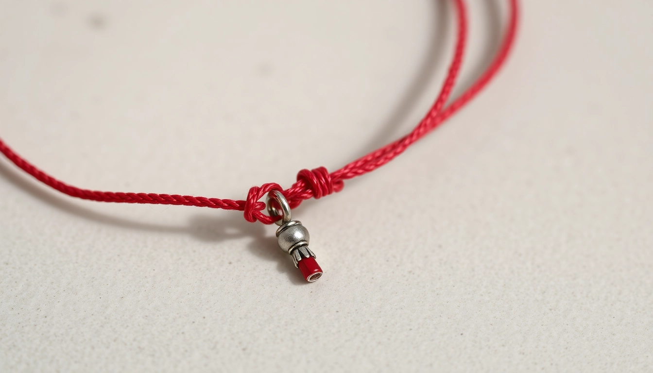 Handmade red string bracelet with silver charm, highlighting bransoletka na czerwonym sznurku