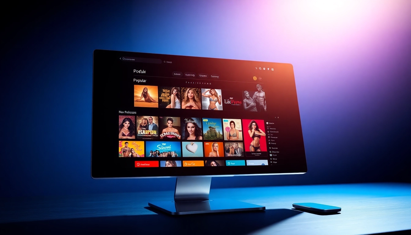 A modern adult website homepage displayed on a computer screen with colorful thumbnails and categories