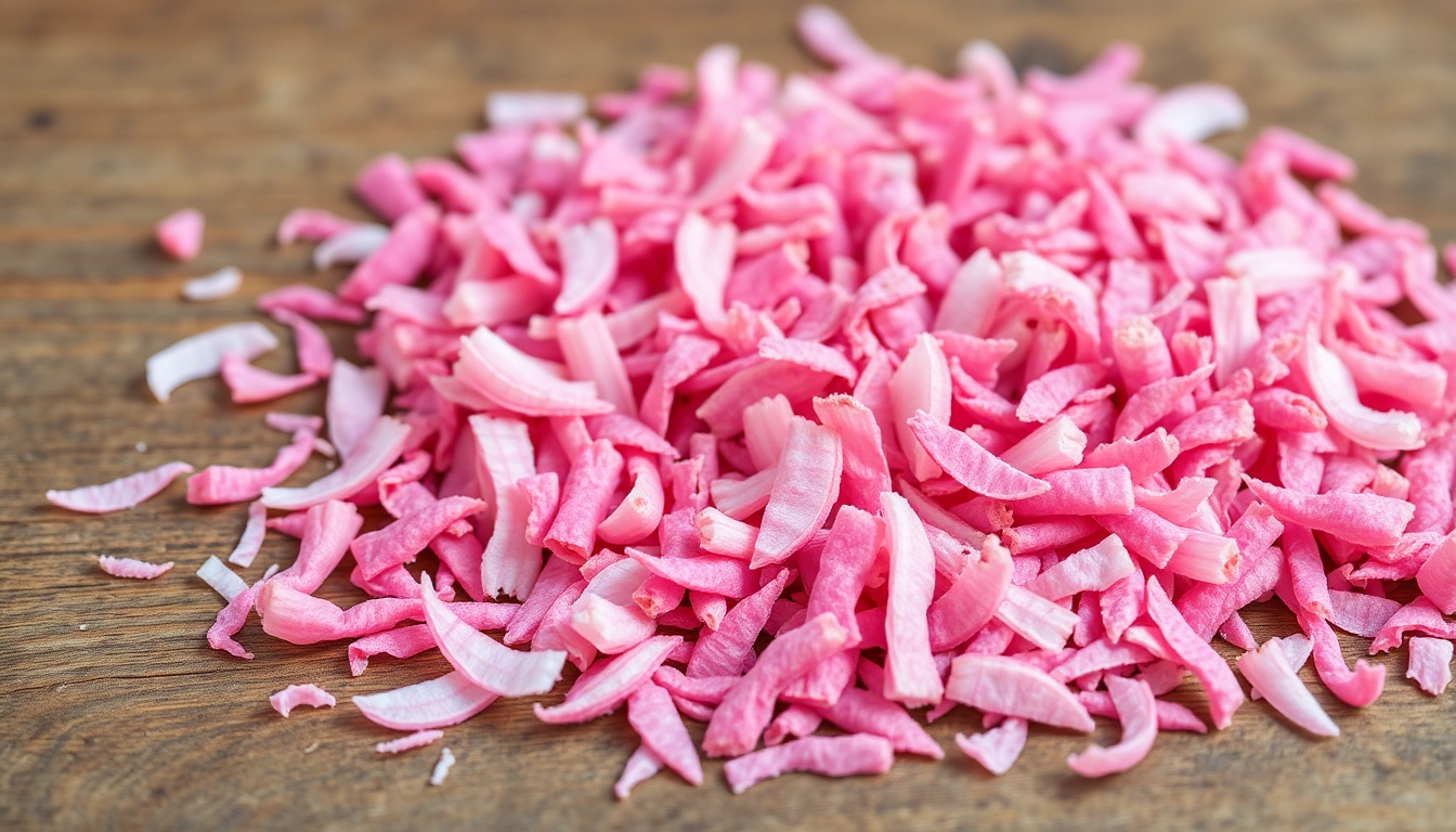High-quality dehydrated pink onion flakes showcased with vibrant color and textured surface for