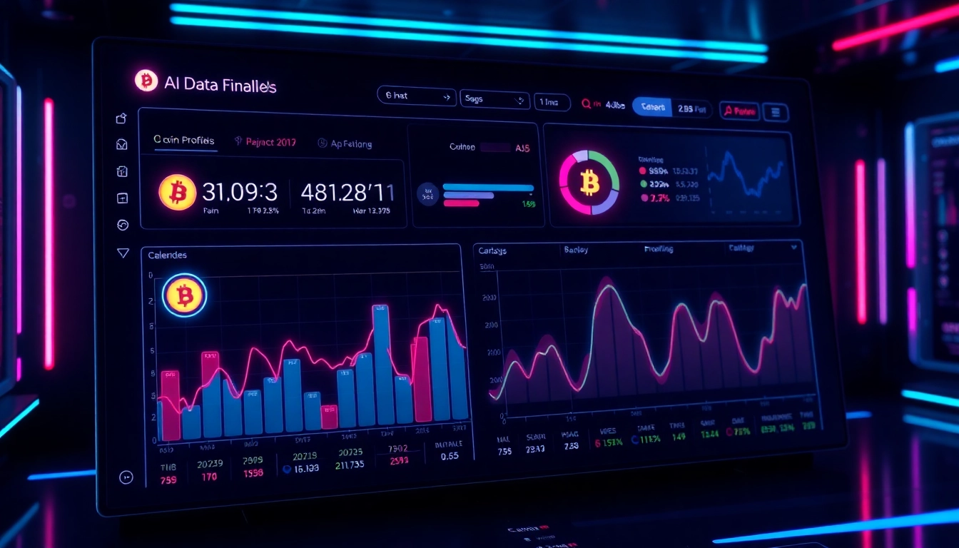 Dynamic digital art displaying aicoin blockchain data analysis with vibrant charts and AI