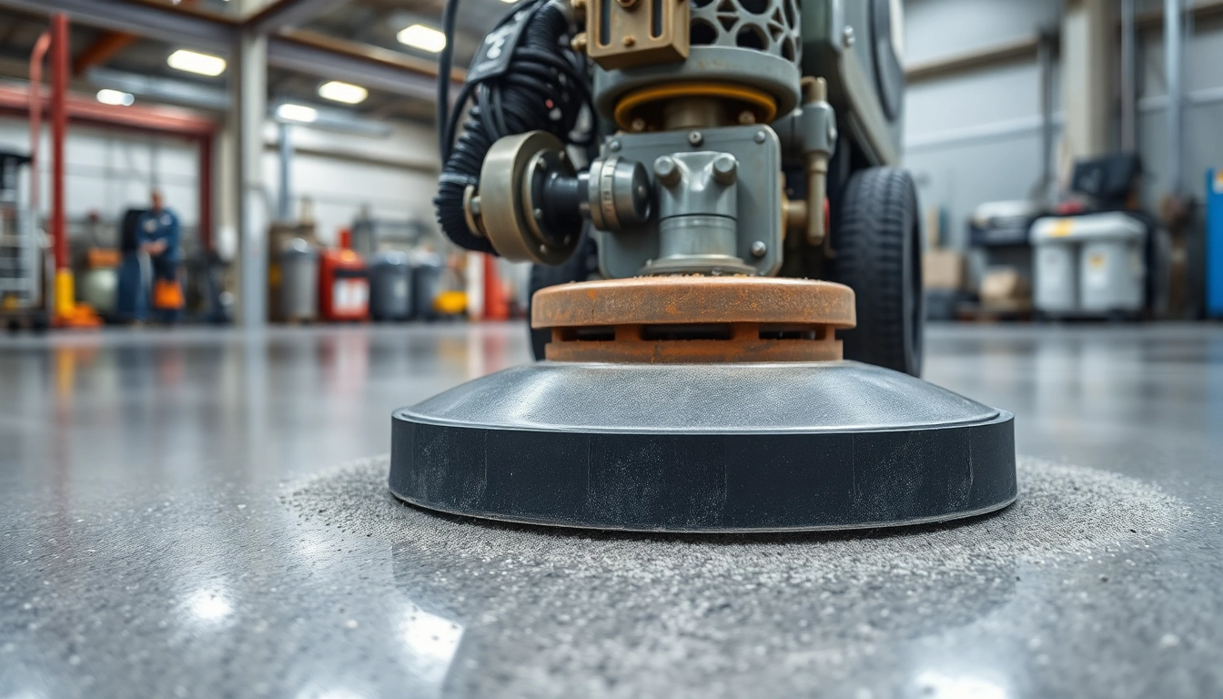 Professional concrete grinding Birmingham process showing a worker using a grinding machine on